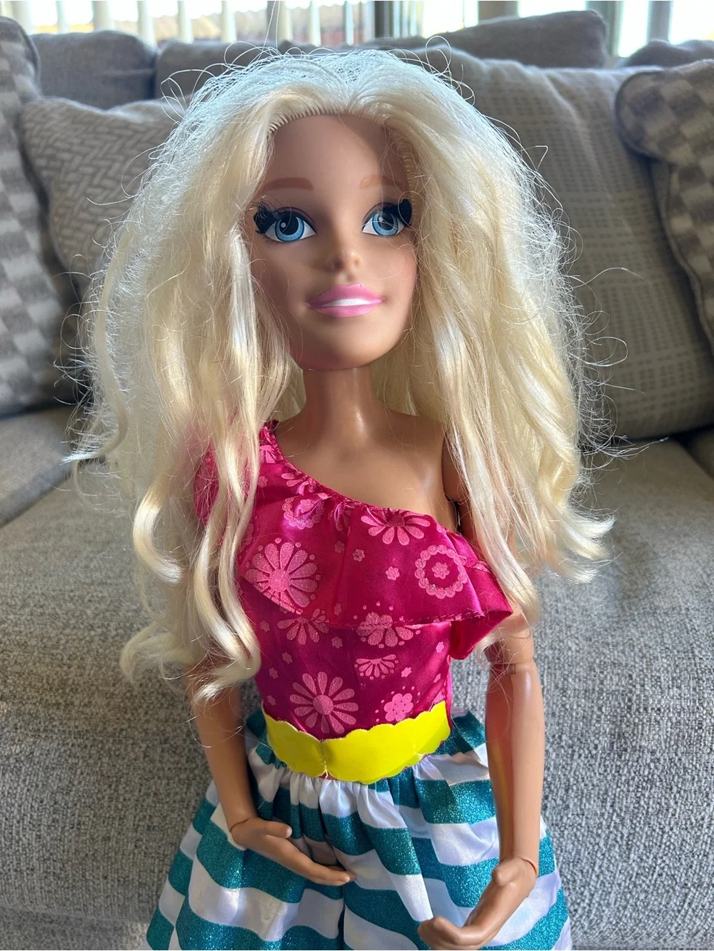 Barbie Fashion Doll Outfit Set - Pink Top with Teal and White Striped Skirt 28”